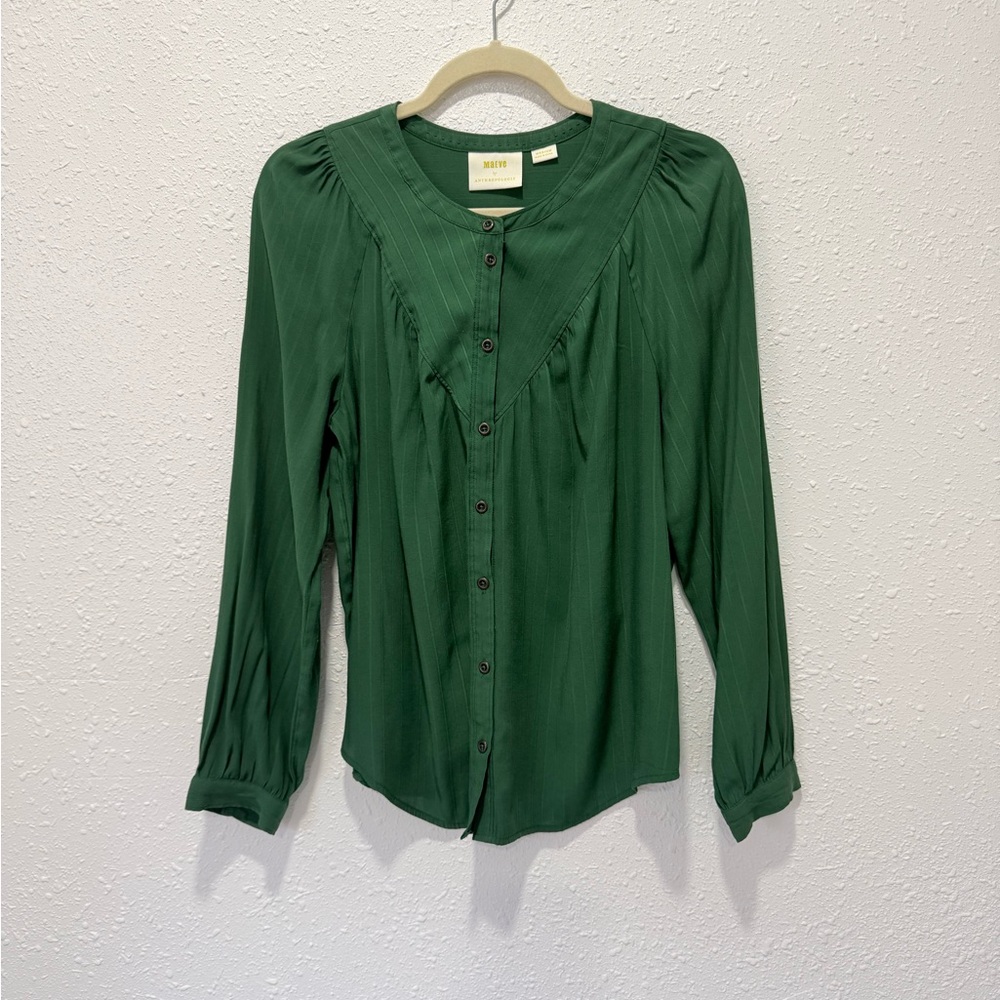 Maeve‎ by Anthropologie Avignon dark green pleated button-front blouse M